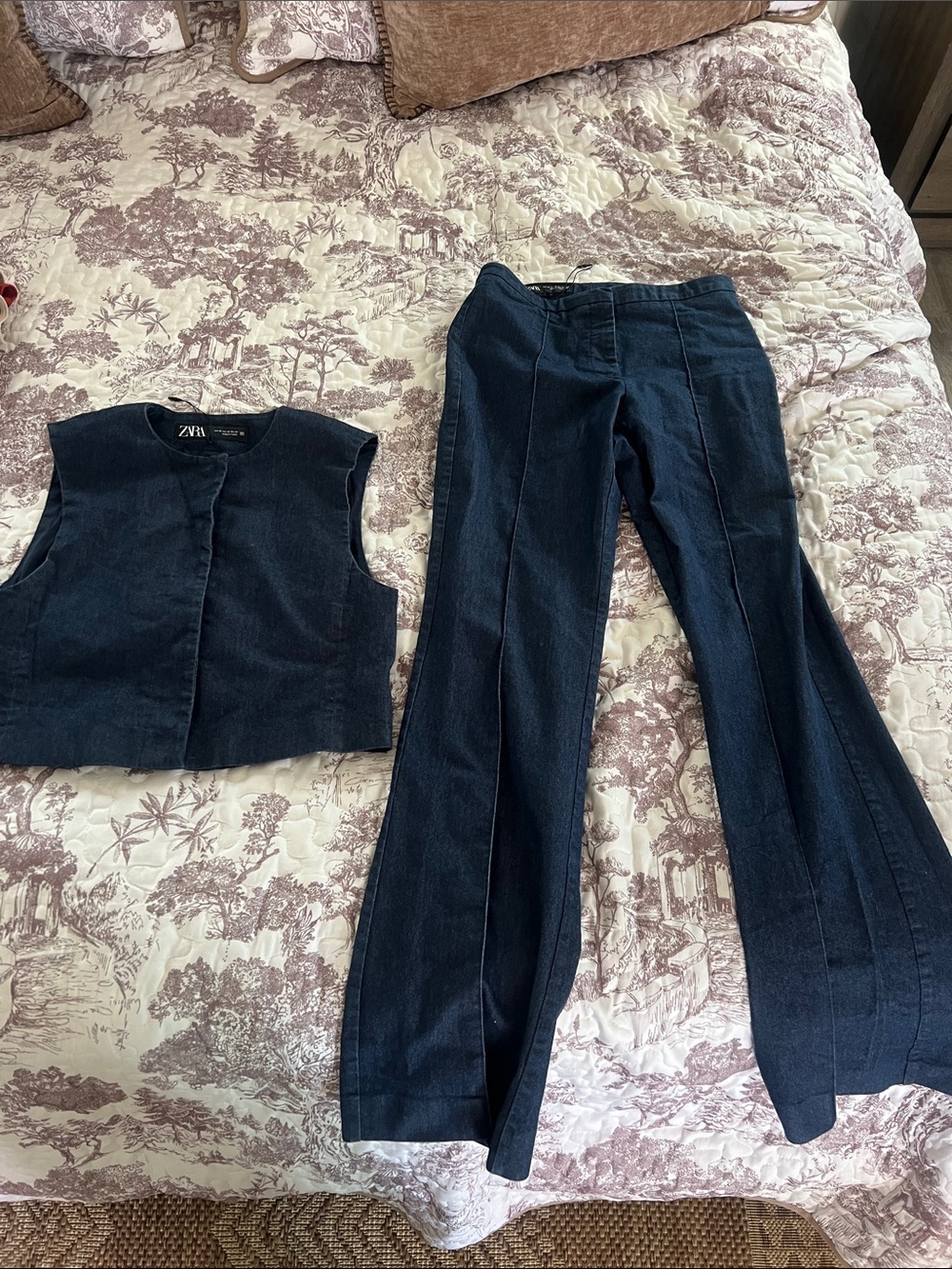 Zara Dark Blue Denim Flared Pants with Matching Vest